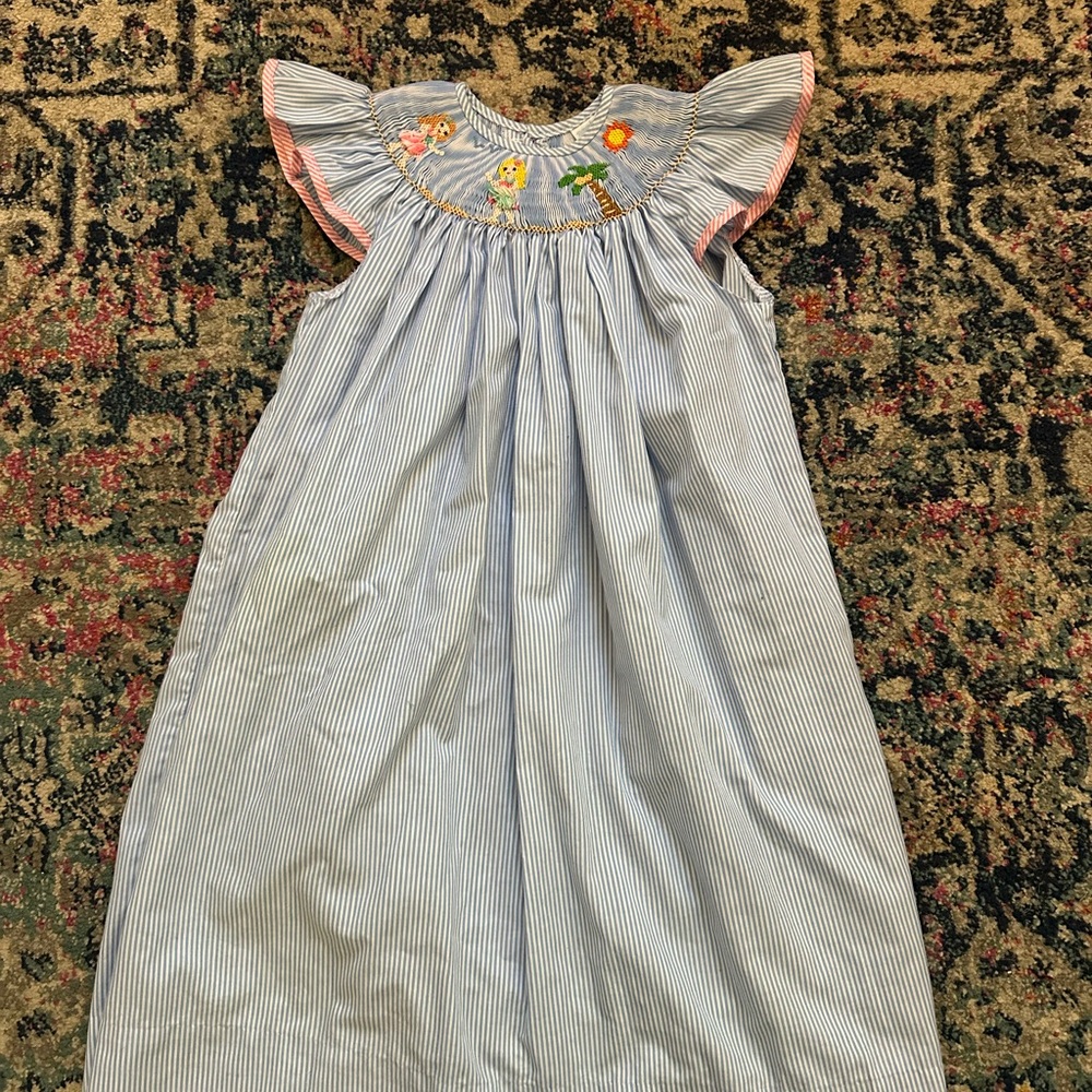 Striped Blue Kids Dress with Embroidered Details